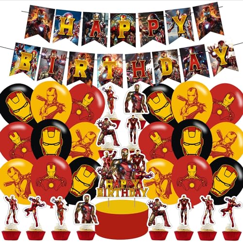 PINUO Birthday Party Decorations Iron Hero Party Supplies Includes Cartoon Iron Hero Birthday Banner Balloons Cupcake Toppers Cake Topper Party Favors