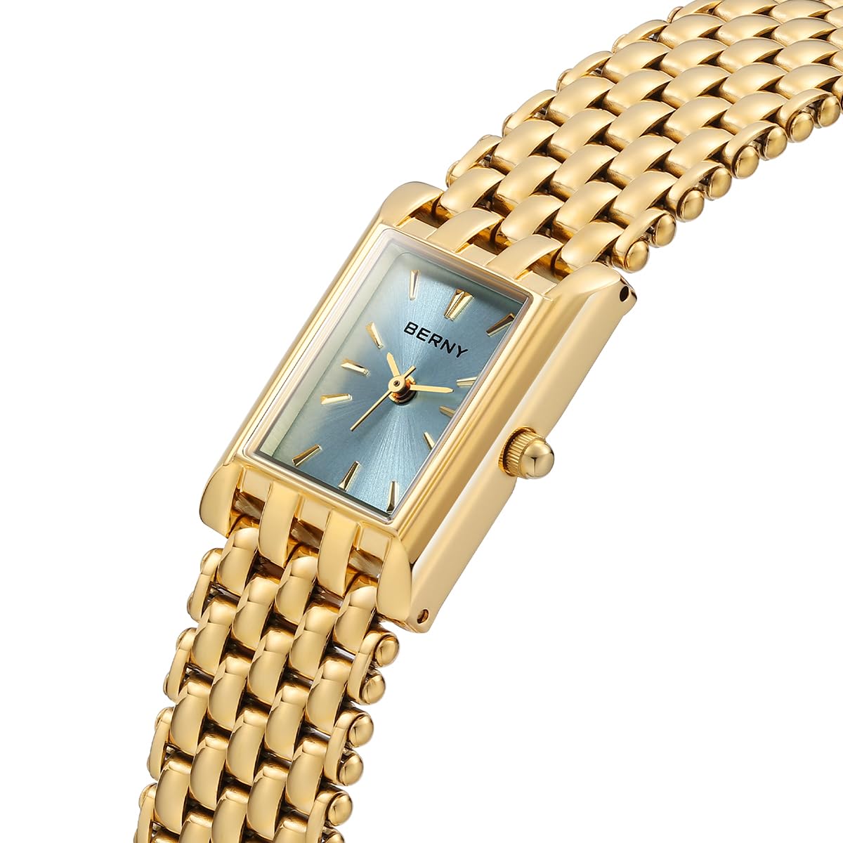 BERNY Reloj de Oro para Mujeres Reloj de Pulsera Rectangular Impermeable Reloj de Pulsera de Lujo Reloj Analógico de Cuarzo de Acero Inoxidable Dial de Rayos Solares Regalo de Cumpleaños