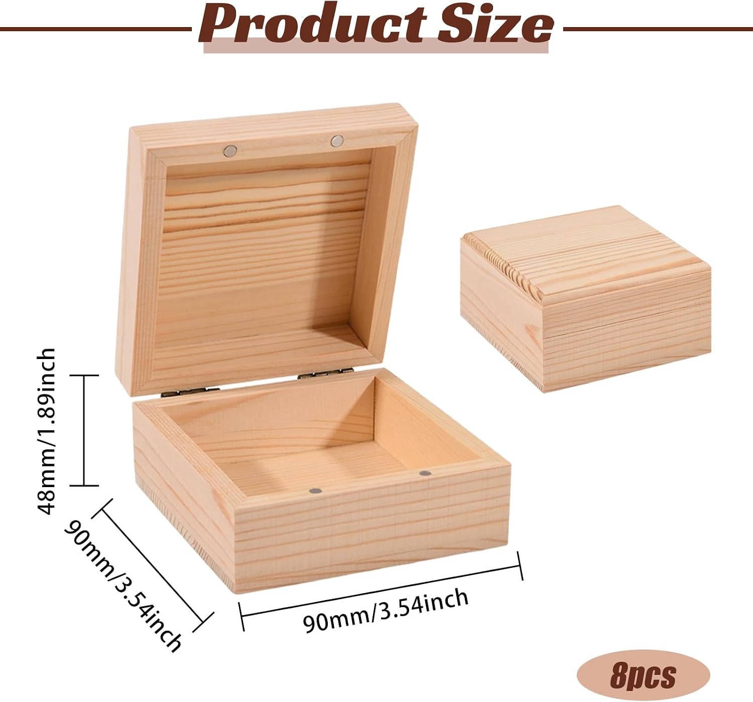 8Pcs Unfinished Boxes with Lids for Crafts Natural Pinewood Wooden Box with Hinged Lid Magnetic Closure Paintable DIY Storage for Jewelry Handmade Art Home Organizer Craft Supplies image 2