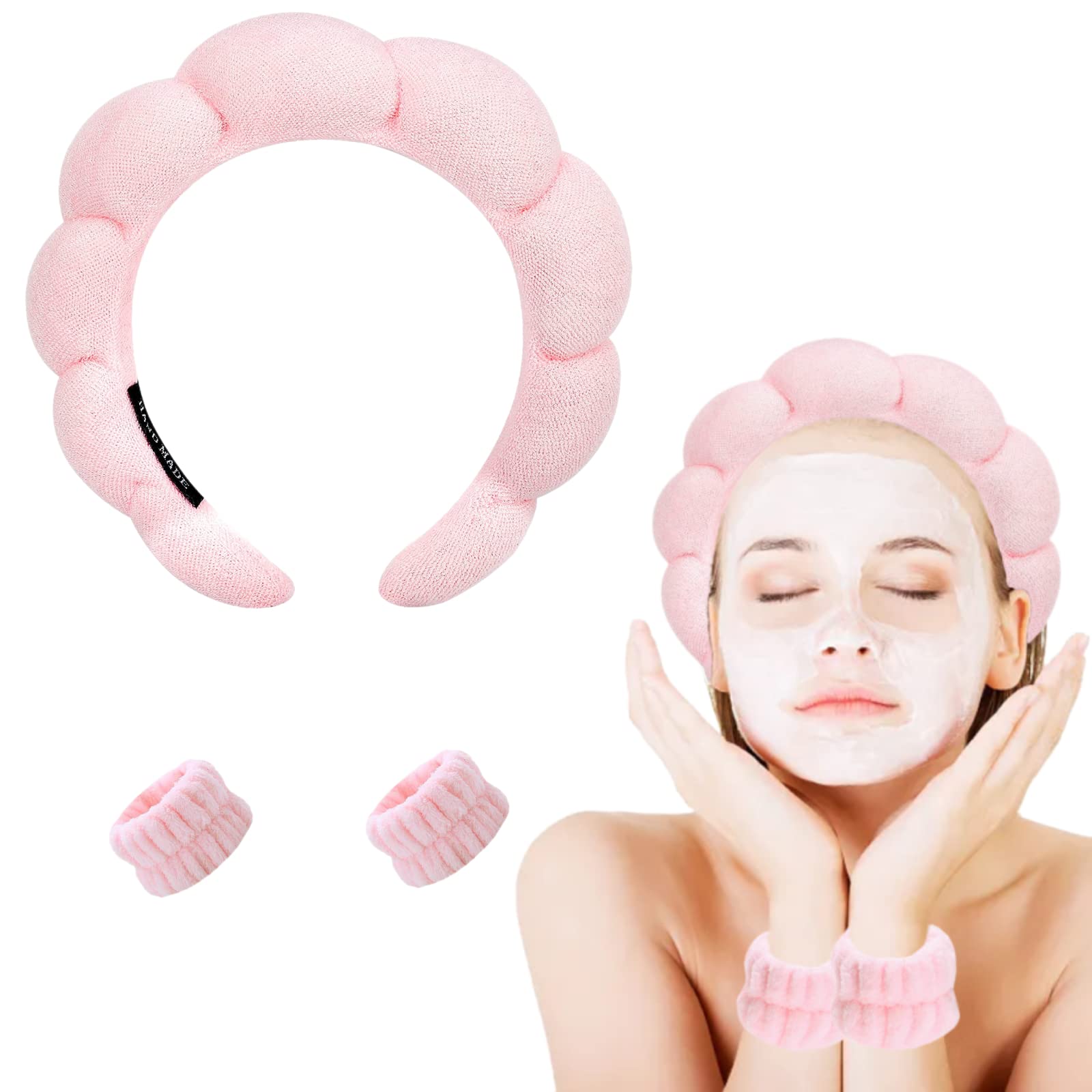 yuccaSpa Headband for Washing Face Wristband Sponge Makeup Skincare Headband Terry Cloth Bubble Soft Get Ready Hairband for Women Girl Puffy Padded Headwear Non Slip Thick Hair Accessory
