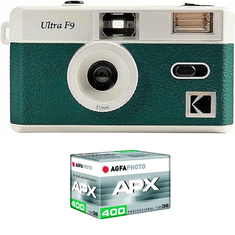KODAK Pack F9 argento + pellicola 100 ASA – Fotocamera ricaricabile 35 mm verde, obiettivo grandangolare fisso, mirino ottico, flash integrato + pellicola APX 100, 36 posizioni