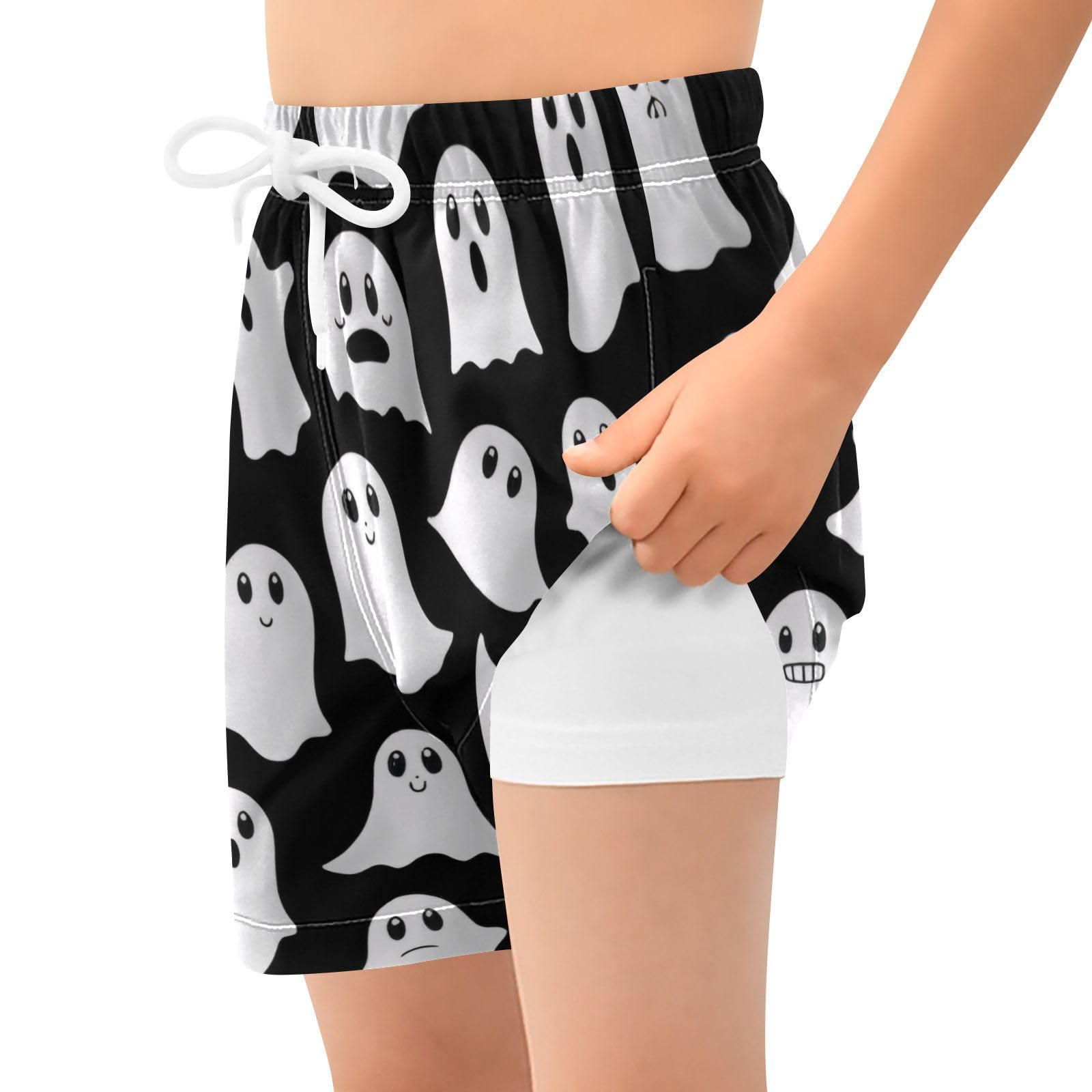 FLildon Funny Ghosts Halloween Boys Swim Trunks with Compression Liner Quick Dry Bathing Bottom Kids Beach Shorts