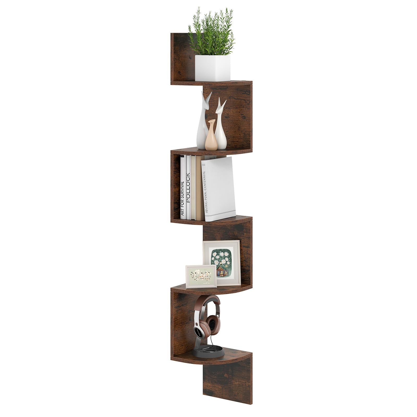 Multigot Corner Shelf Wall Mounted, 5-Tier Floating Bookshelf with Safe Round Edge, Space-Saving Plant Display Shelf for Living Room Bedroom Home Office (1, Rustic Brown)