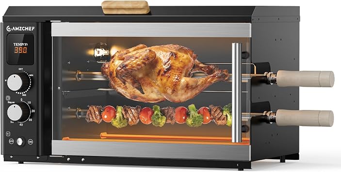 AMZCHEF Electric Rotisserie Grill with 2-in-1 Cooking Mode,34QT Rotisserie Oven with 360 Auto-Rotating Heating, Dual Skewers, Grilling Rack, Countertop Grill for Home, Restaurant, Kitchen Parties