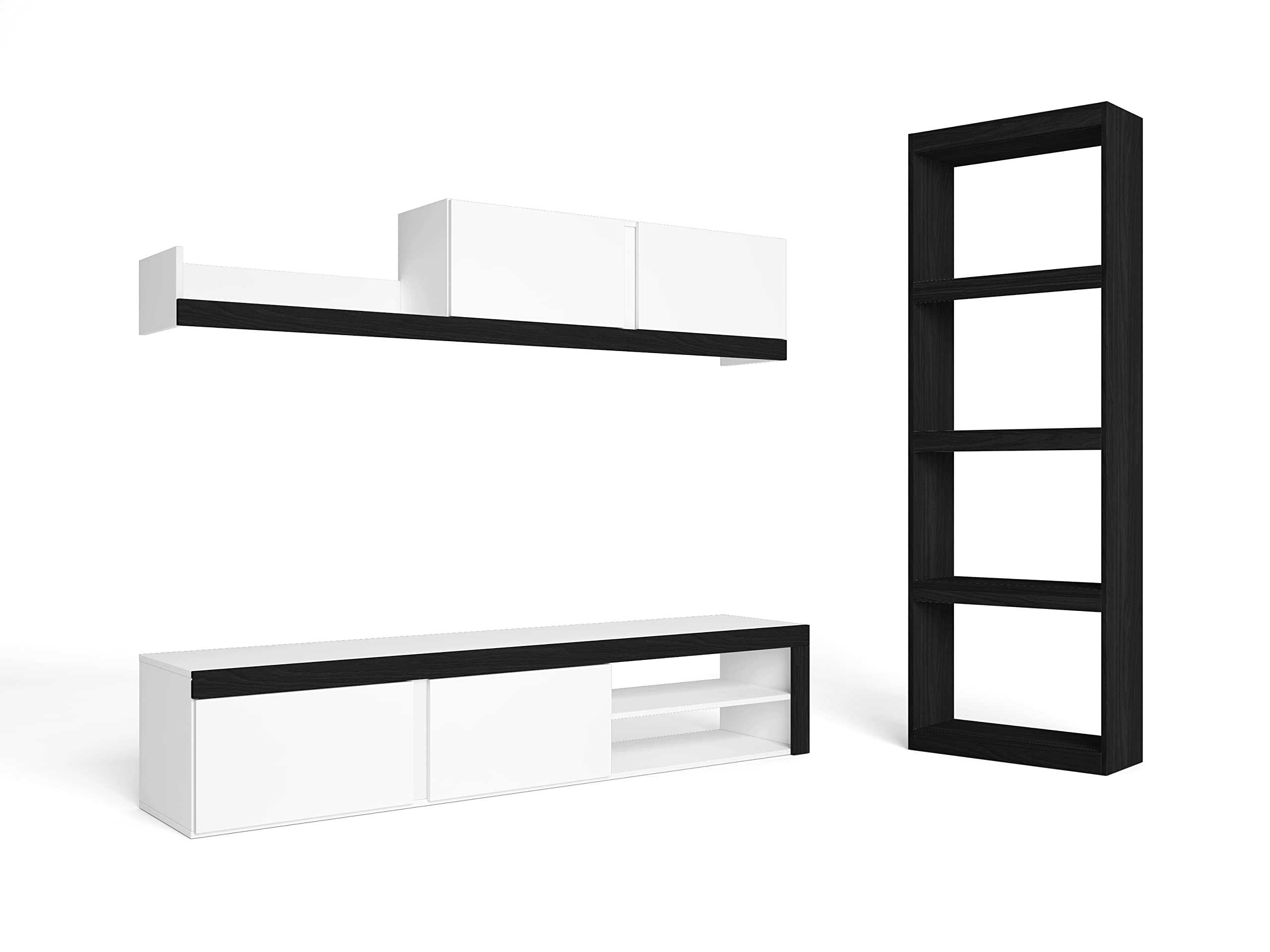Skraut Home - Conjunto de Salón Modular IDEM y Estantería Totem- Mueble TV - Muebles de Salón Color Blanco/Negro - Biblioteca Color Negro - 200x40x180cm / 60x25x181cm