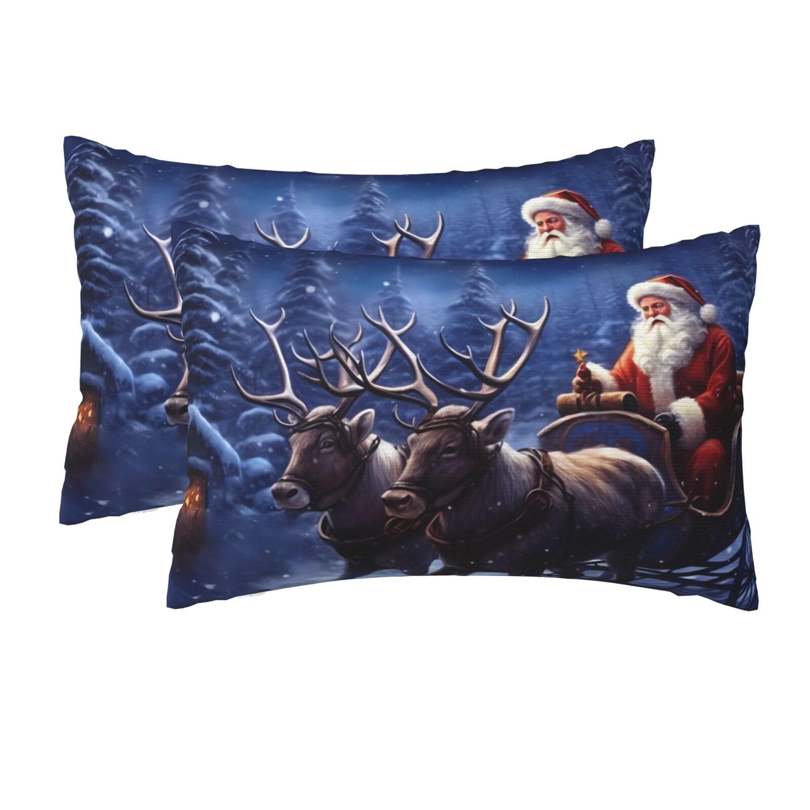 2 Pack Queen Size Pillow Cases for Hair and Skin Soft Breathable Pillow Case Covers with Hidden Zipper Snow Night Santa and Deer Pillowcase 20x30 Inches Pillow Cover for Sleeping Gift