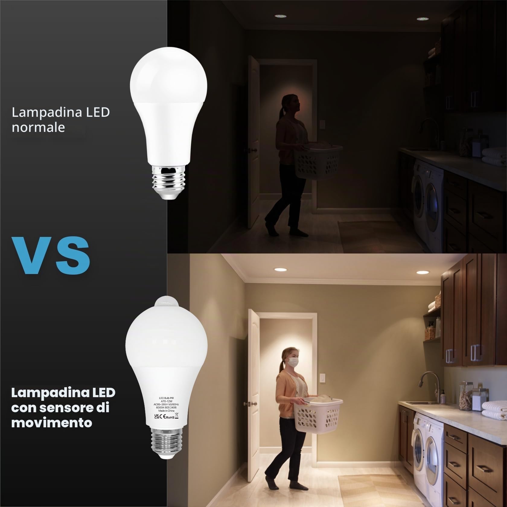 Lampadina con Sensore di Movimento, Lampadine LED E27 12W 1200LM Luce Bianca Fredda 6000K Auto On/Off, E27 lampada con sensore di movimento, per Corridoio, Garage, Scale, 2 Pezzi