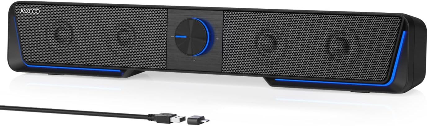 Jeecoo A40 PC Speakers Computer Sound Bar for Desktop Monitor Laptop, Stereo Sound with Vibrating Diaphragms, Touch-Control Flowing LED, Bluetooth & USB Input (Not 3.5mm Jack)