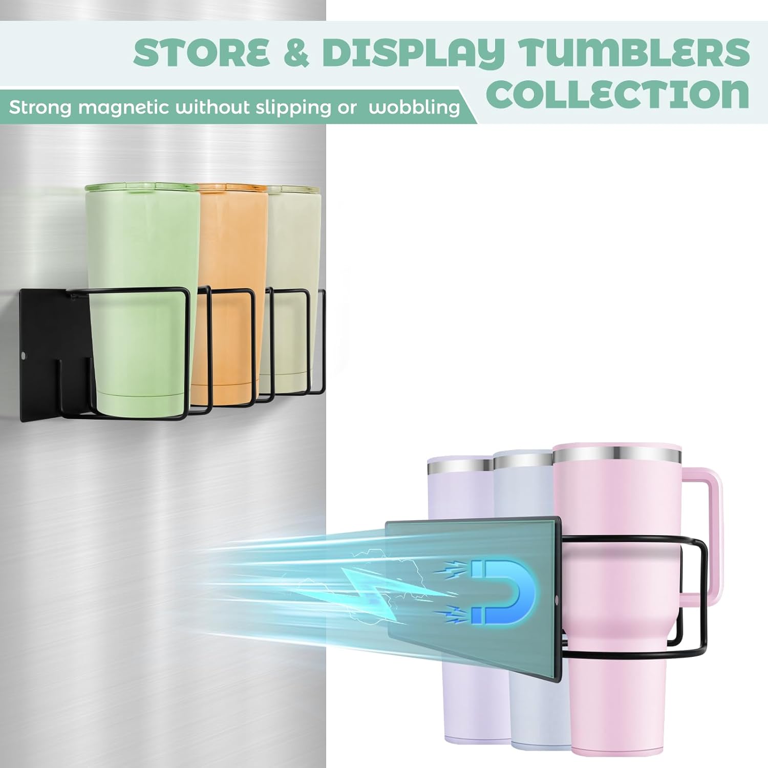 Magnetic Cup Holder, 2 Styles Metal Magnet Fridge Water Bottle Organizer for 30 and 40 OZ Tumbler Storage and Display, Black, 2 Pcs - Image 3