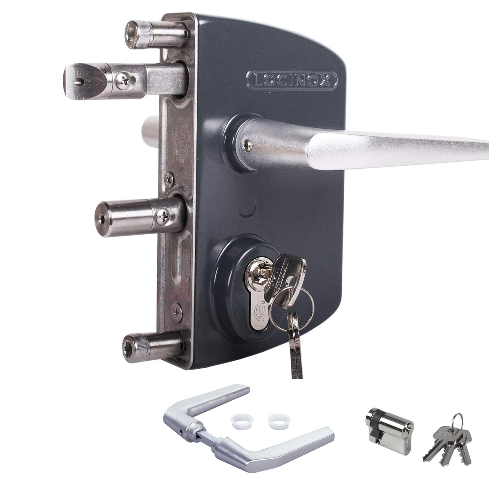 Locinox Cerradura Puerta LAKQ4040 U2, Antrhranzitgrau Ral 7016, para 40 Hasta 60mm Rahmenprofile - Gartentorschloss, Flügeltorschloss, Caja de Cierre Con Cilindro para Desatornillar, Gartentürschloss