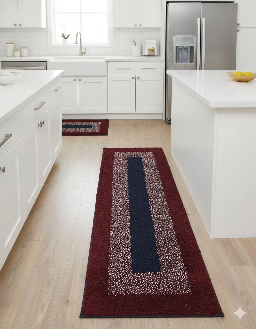 WARISI@ 2-Piece Contemporary Kitchen Rug Set - Non-Slip Runner and Mat Cotton Border Kitchen Set | Door Mat & Kitchen Runner | 2 Pcs | Multicolour ((Design-4) CKS)