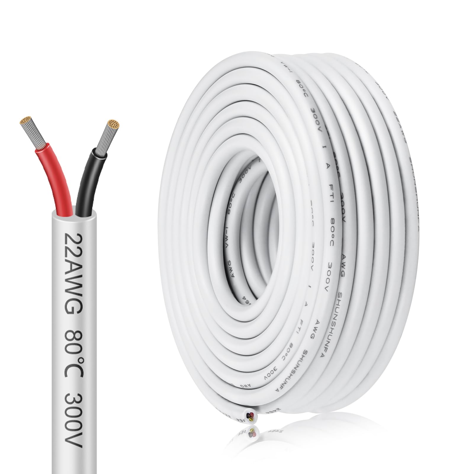 inShareplus 22AWG 2 Core 5M PVC Tinned Copper Wire, 5V/12V/24V Compatible, White