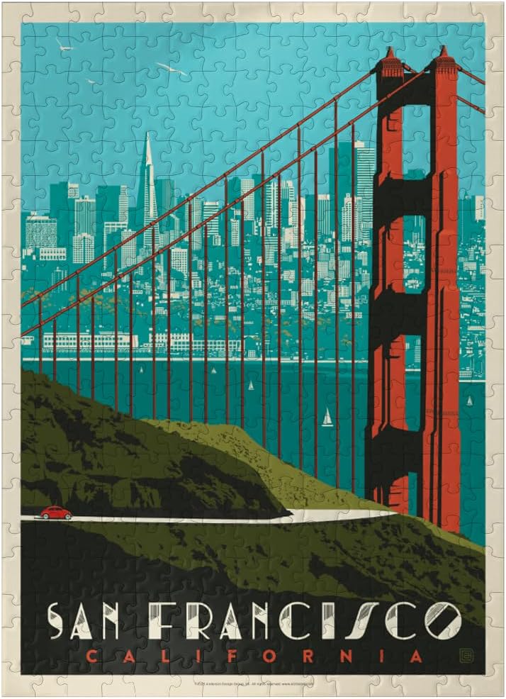 MyPuzzle San Francisco: Golden Gate Bridge Skyline, Vintage Poster - Premium 500 Piece Jigsaw Puzzle for Adults
