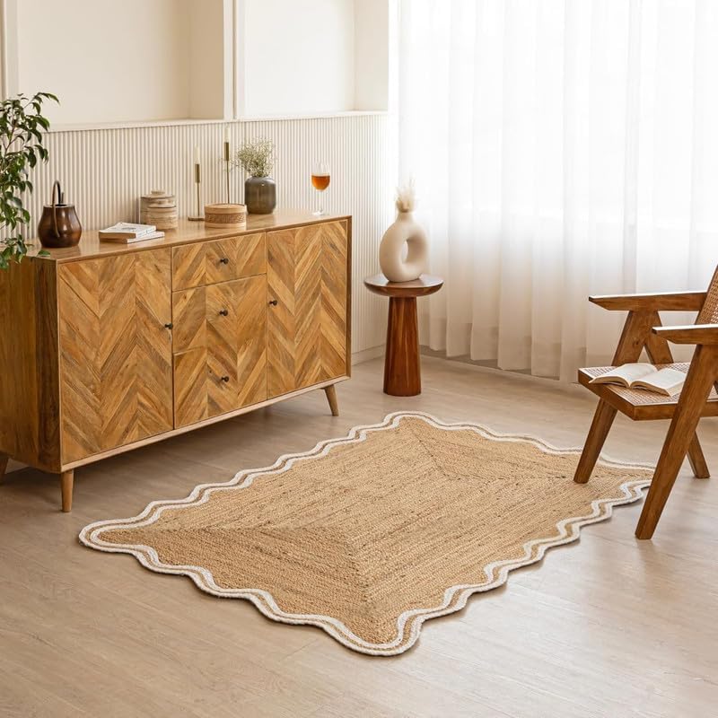 Scalloped Border Area Rug Rectangular Design Multi Size Color Options for Living Room Bedroom Home