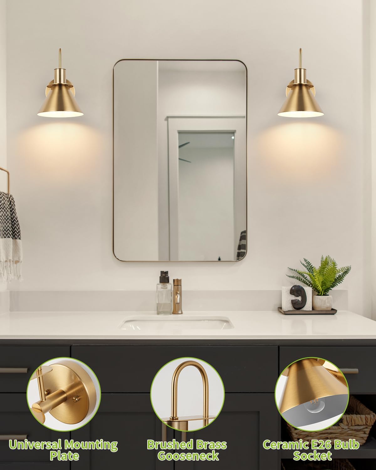 WILON Gold Wall Sconces Set of Two Indoor Wall Lights with E26 Base Industrial Gooseneck Barn Wall Lamp Modern Brass Wall Sconce Light for Bedroom Living Room Kitchen Sink Bedside Bathroom