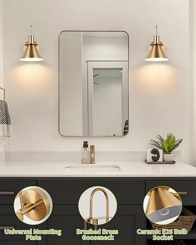 Miniatura 4 de WILON Juego de dos apliques de pared dorados para interiores con base E26, lámpara de pared industrial de cuello de cisne de granero, lámpara de