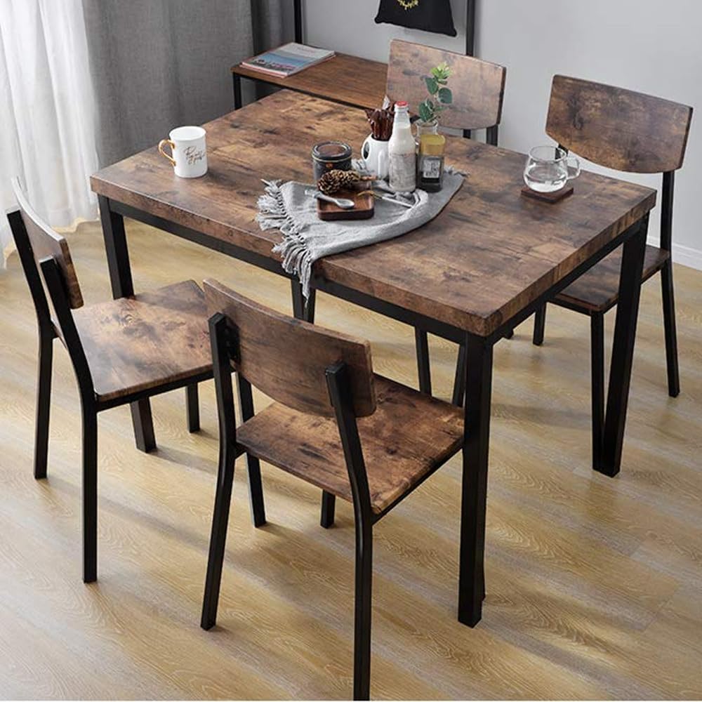 Dining Set For 4 People, 5-Piece Set, 1 Table, 4 Chairs, Steel Dining Set, Table Width 43.3 Inches (110 cm), Compact Size, For 4 People, Stylish, 3 Colors (Brown) [Parallel Import]