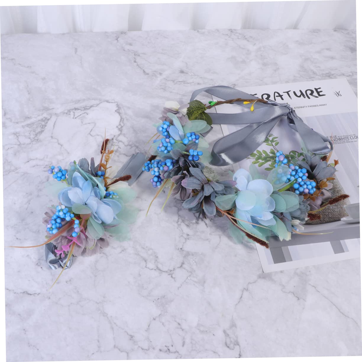 Housoutil 6 Piezas Aro Para El Pelo Con Muñequera Leis Diadema De Flores Espejos De Mano Con Mango Guirnalda De Boda De Las Mujeres Diadema De Boda Muñeca Floral Anillo De Pelo Pulsera Playa