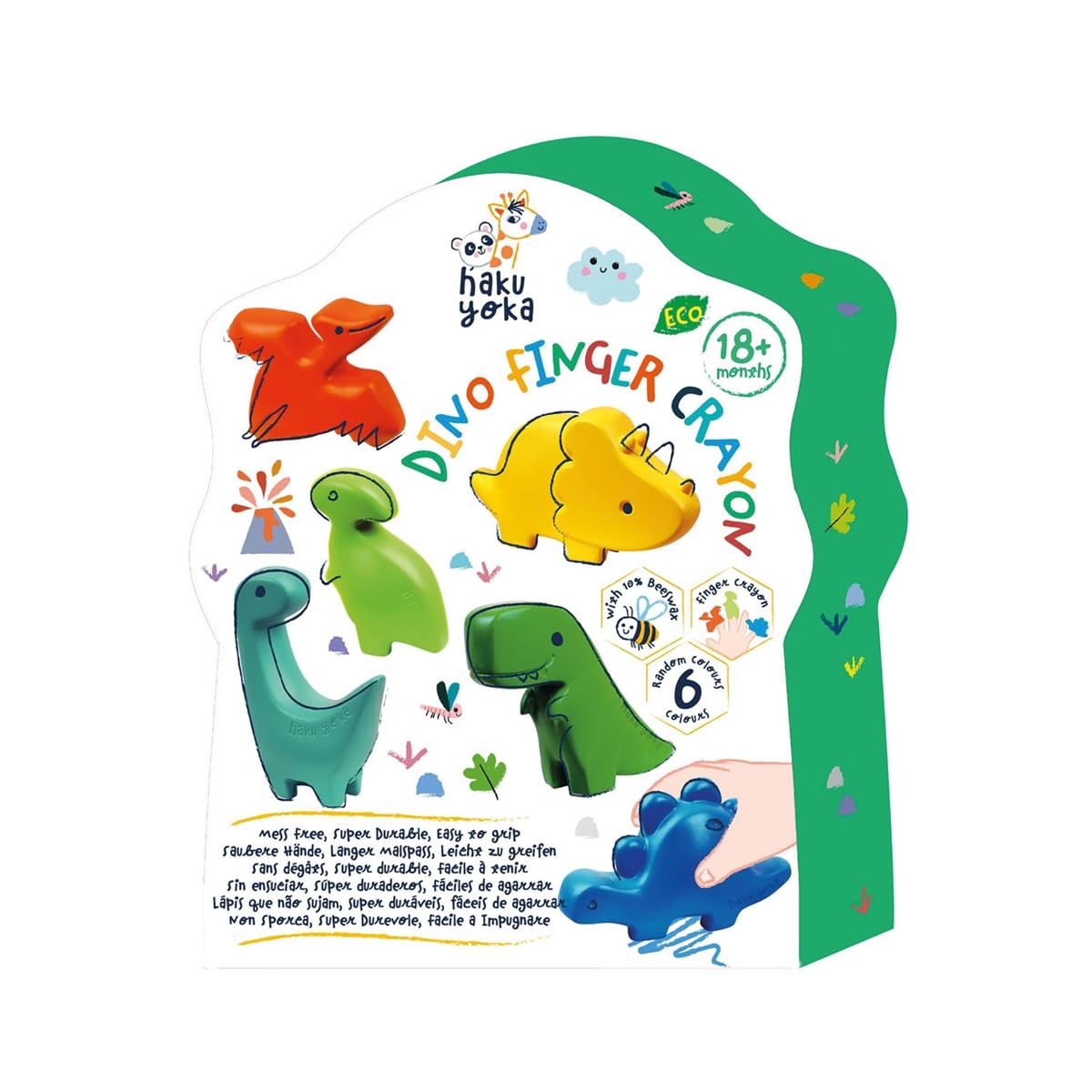 Haku Yoka 6303113 Dino Finger Wax Crayons, 6 Dinosaur Shaped Wax Crayons, Easy Grip, Ideal for Little Hands, No Staining for Toddlers 18 Months and Above