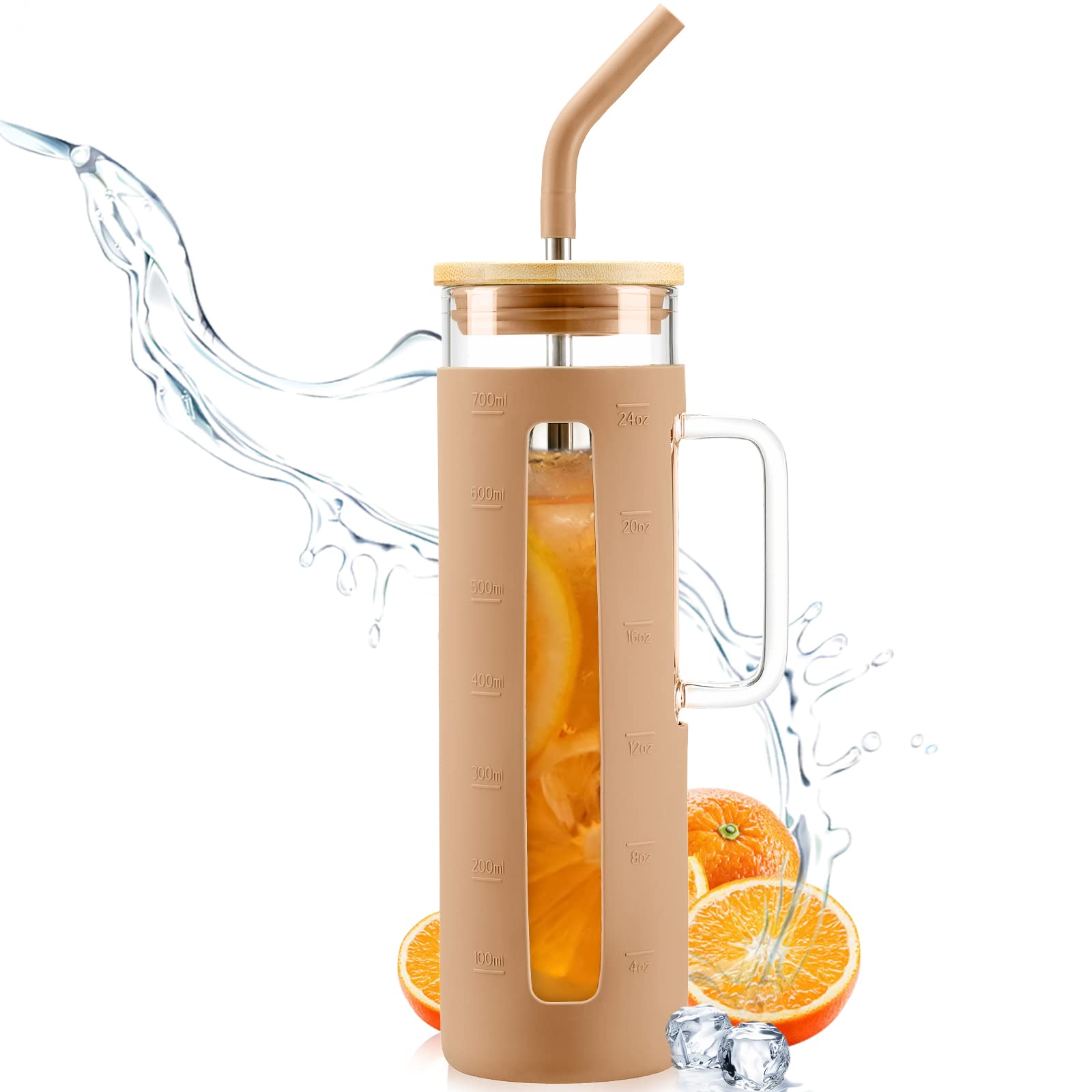 Kodrine Tumbler with Lid and Straw, 24 oz Glass Tumbler with Handle, Iced Coffee Cup Boba Smoothie Cup, Coffee Tumbler Water Tumbler Cups with Bamboo Lid Home Office Tumblers, Amber