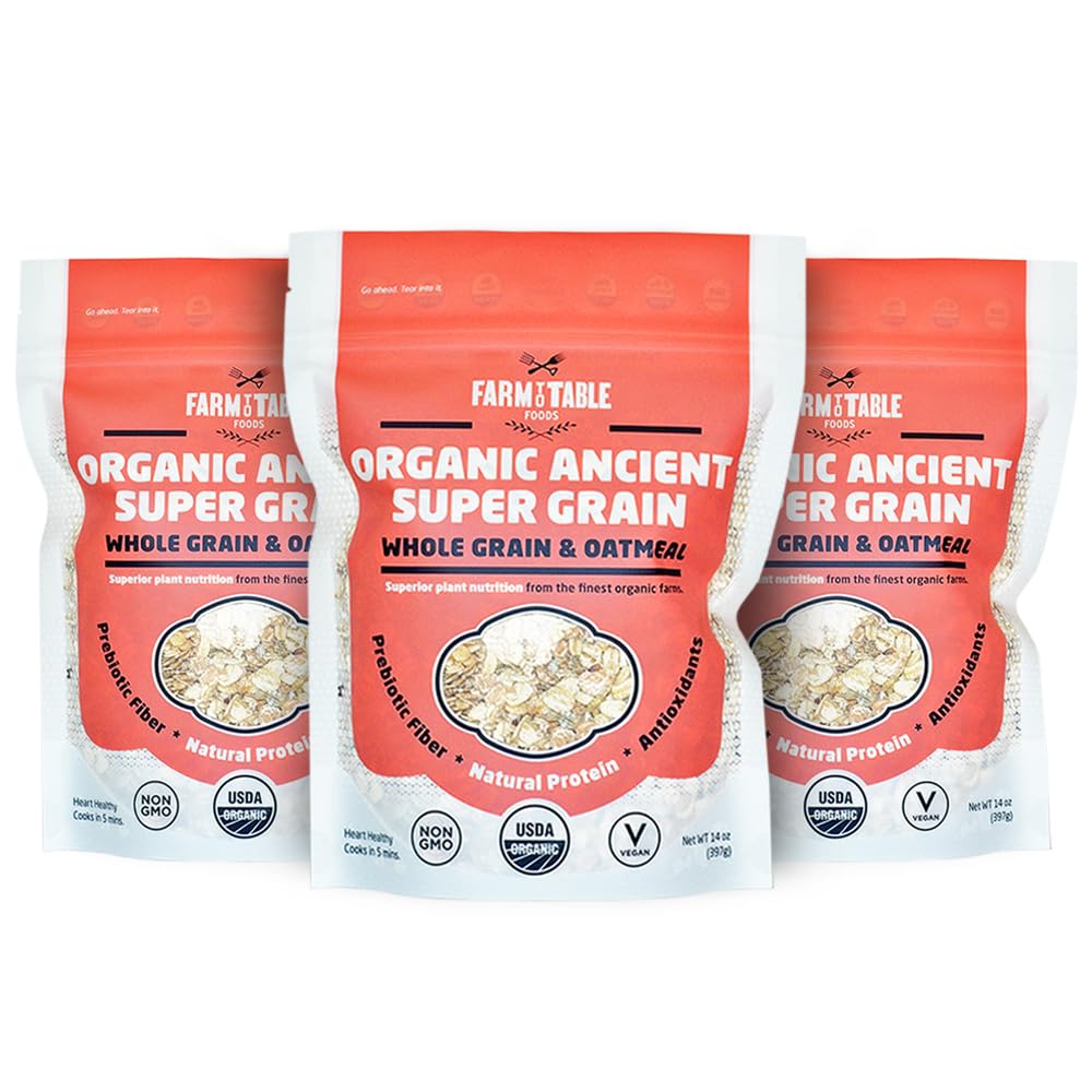 Farm to Table Foods Organic High-Protein Oatmeal 3-Pack: Ancient Super Grain, Ultimate Organic, Apple Raisin – Unsweetened, Non-GMO, Plant-Based