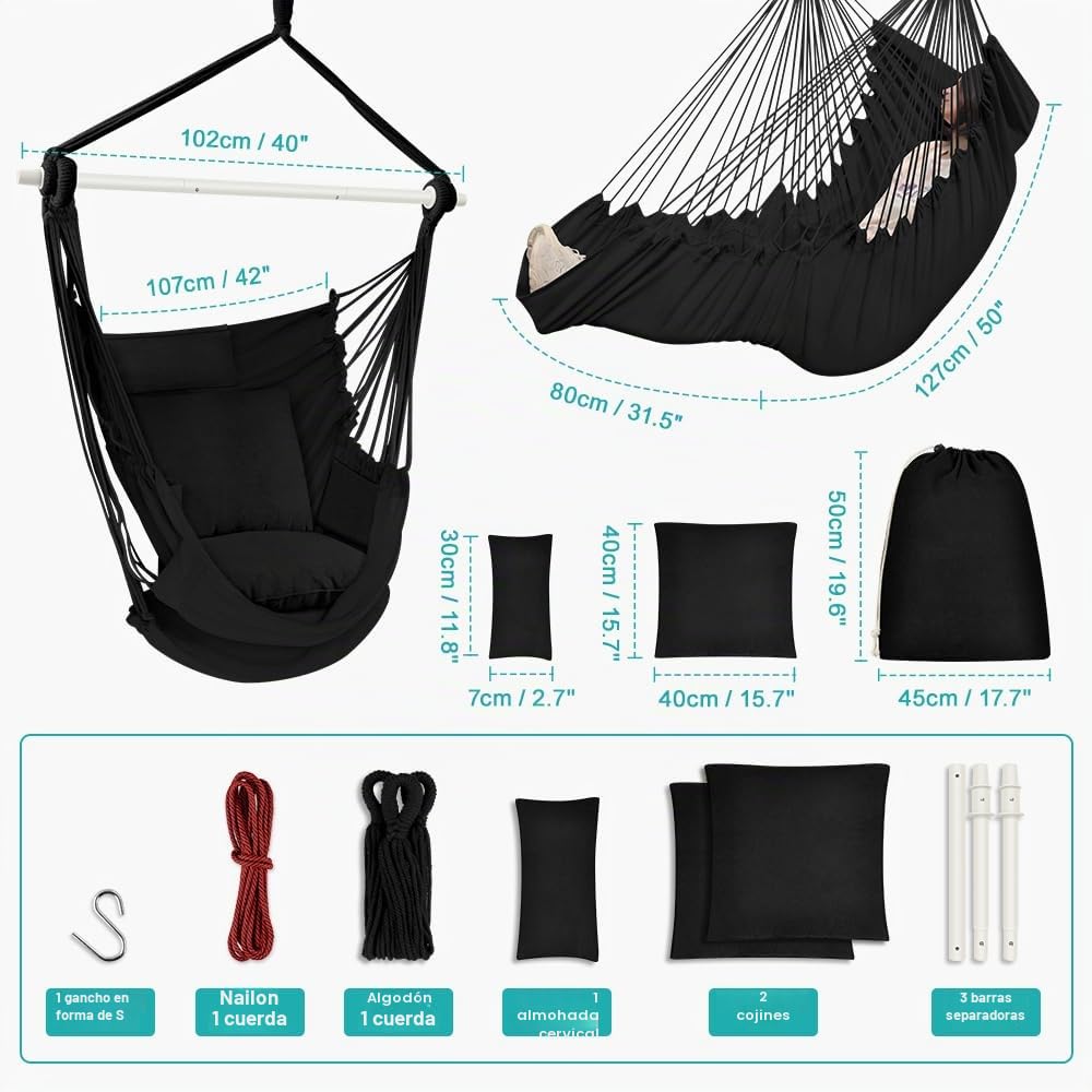 Silla Colgante para Exterior & Interior, Silla Hamaca Colgante con 3 Cojines y Soporte para Reposapiés para Jardin, Terraza, Balcón, Dormitorio, Ofi, Capacidad de Carga de 200kg