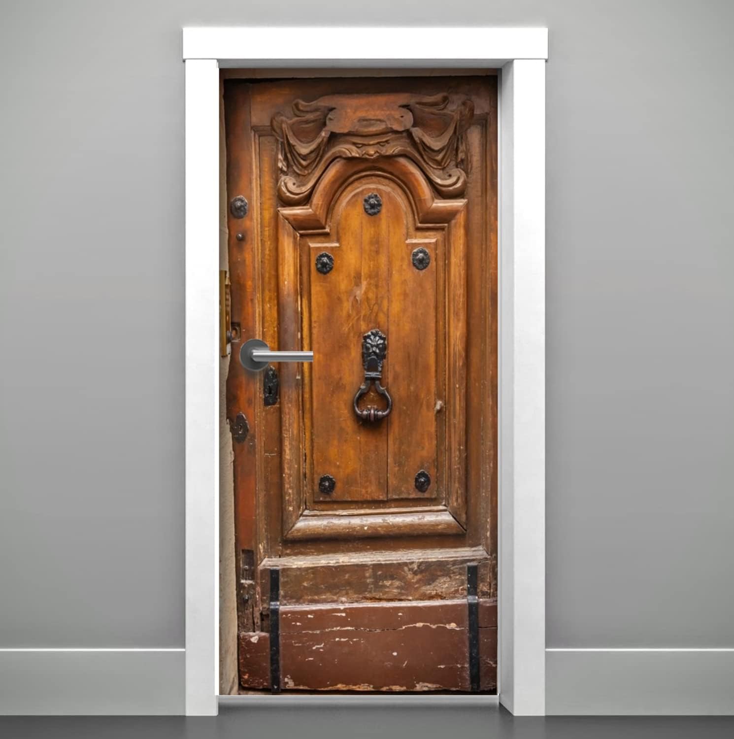 DoorPix 30x80 Inch 3D Door Mural Wrap Glossy Bubble Free Sticker Rustic Italian Single Panel Wood Door with Lions Head Door Knocker - Peel and Stick - Easy-to-Clean, Durable