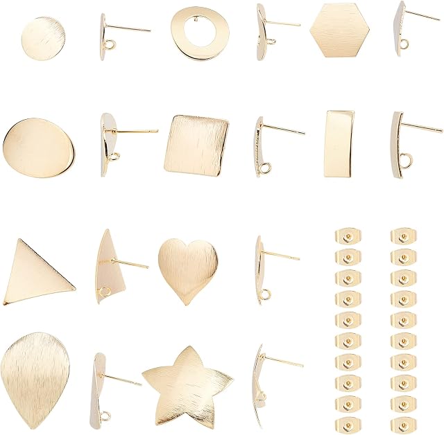SUNNYCLUE 1 Box DIY 10 Pairs 18K Gold Plated Earring Posts Kit Geometric Stud Earrings Rhombus Flat Round Rectangle Triangle Ear Stud with Loop Hole Earring Backs for Jewellery Earring Making Supplies
