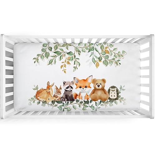 Sábanas para cuna de bebé, diseño de animales del bosque, hojas de eucalipto, 52 x 28 pulgadas, oso, mapache, zorro, ciervo, conejo, erizo,