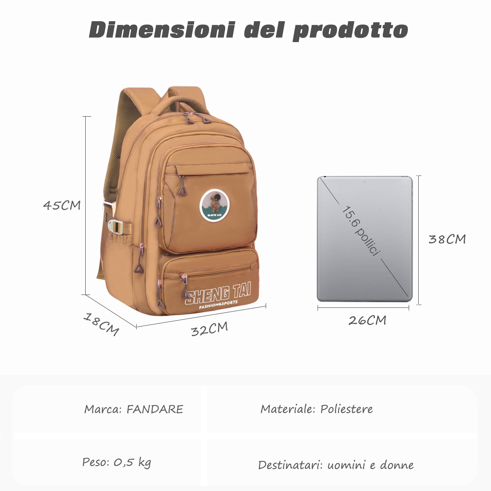 FANDARE Zaino Scuola Zainetto Studente Cartella Zaini Arancione | Borsa Uomo Donna Università Viaggio Lavoro Daypacks