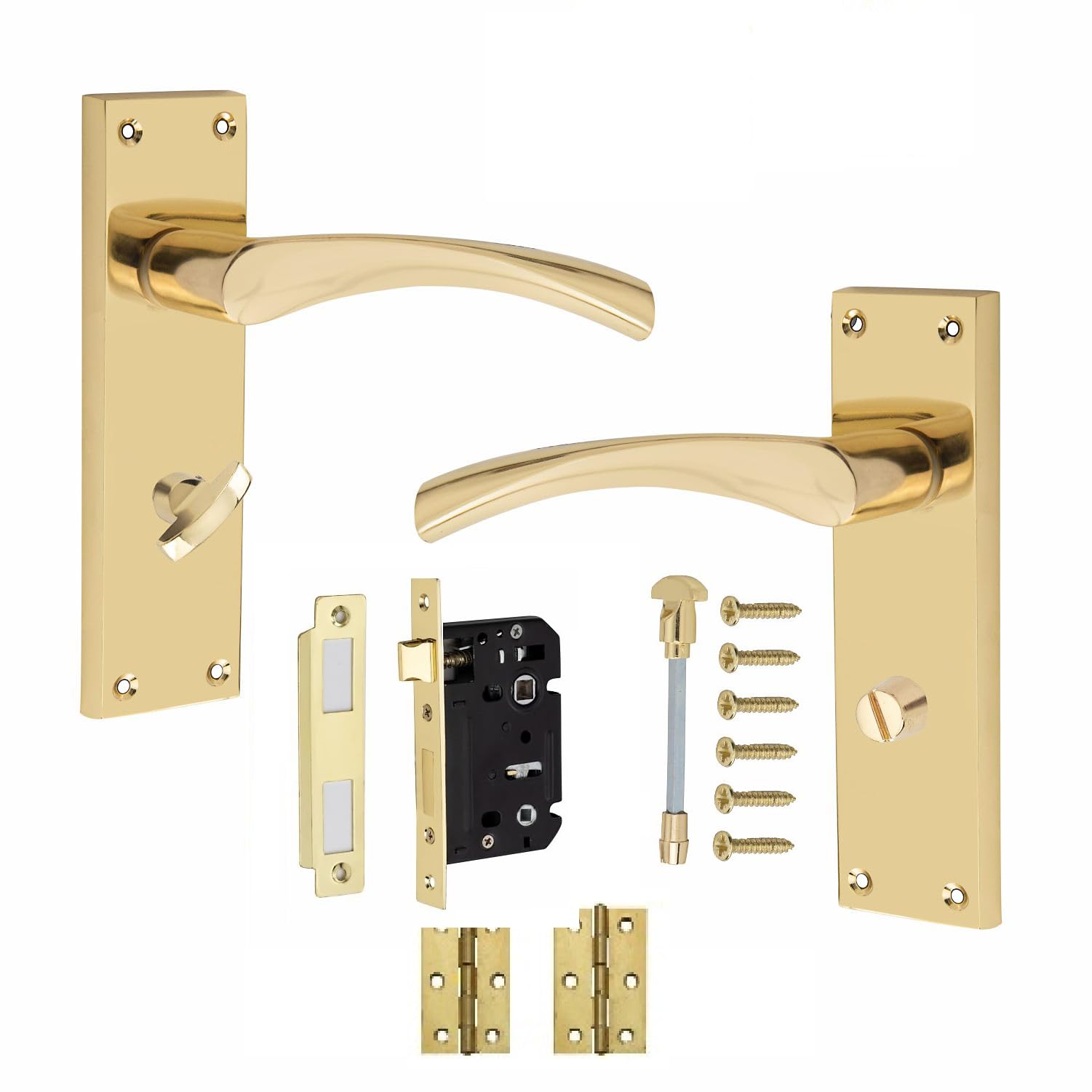 Golden Grace Victorian Scroll Astrid Handle Polished Brass Bathroom WC Toilet Door Handles Complete with (GG) Bathroom Mortise Lock and 1 Pair of 3" Standard Butt Hinges