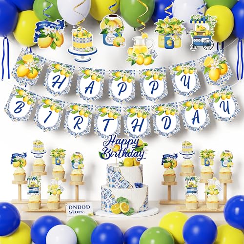 Summer Lemon Party Decoration Packs,Royal Blue Yellow Balloons,Banners,Cake Toppers,Hanging Swirl Streamers,Capri Lemon Birthday Wedding Supplies,Her Main Squeeze Bridal Shower Amalfi Coast Decors