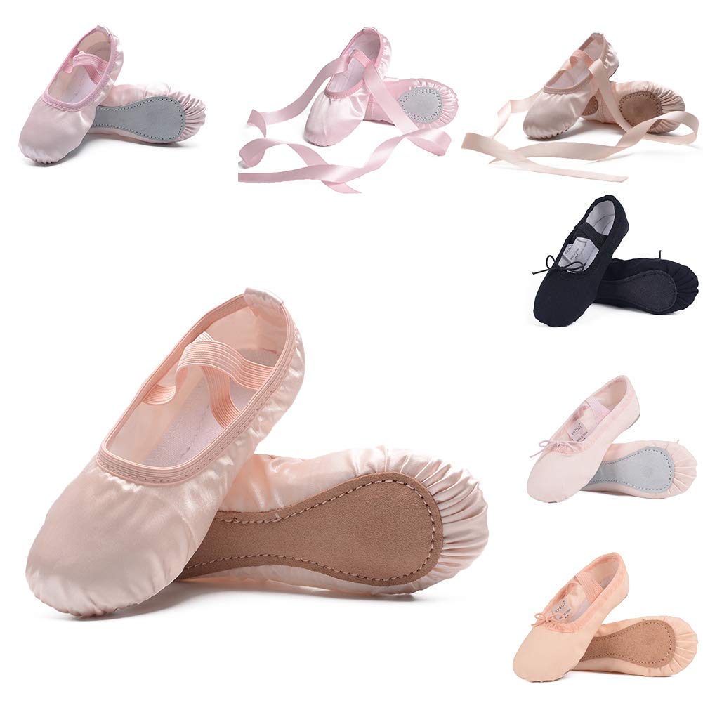 RUQIJI Satin Ballet Shoes for Girls/Toddlers/Kids/Women, Satin Ballet Practice Shoes/Full Sole Ballet Slippers/Dance Shoes with Ribbon