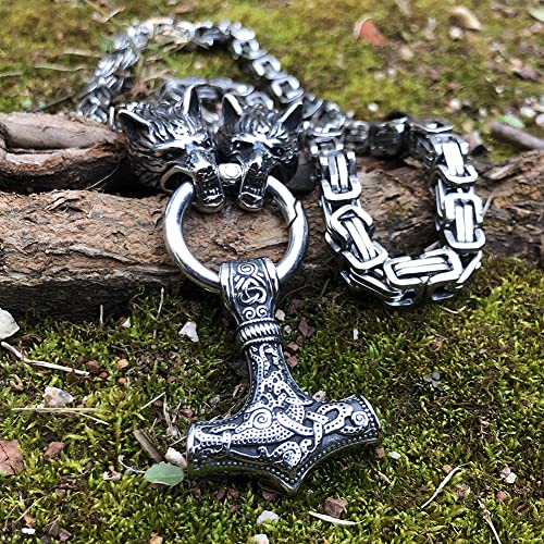 GuoShuang Mjolnir Collier viking bijoux pour homme loup avec marteau de Thor chaîne en acier inoxydable cadeau nordique pendentif, Acier inoxydable, Edda