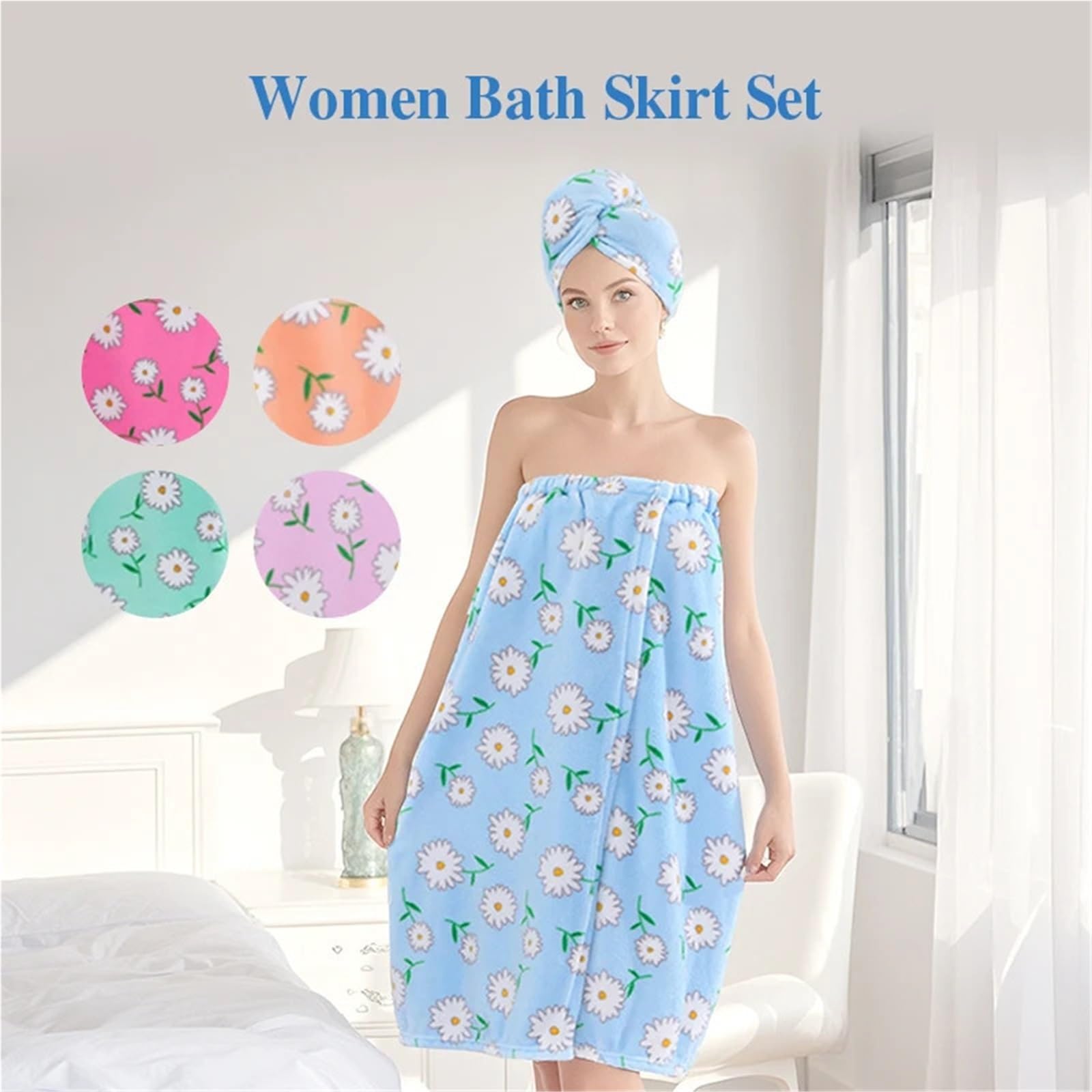 Handtuchkleid 2-teiliges Set, Haarwickel, Baderock, Gänseblümchen-Stil, tragbares Handtuch, weich, saugfähig, schnell trocknend