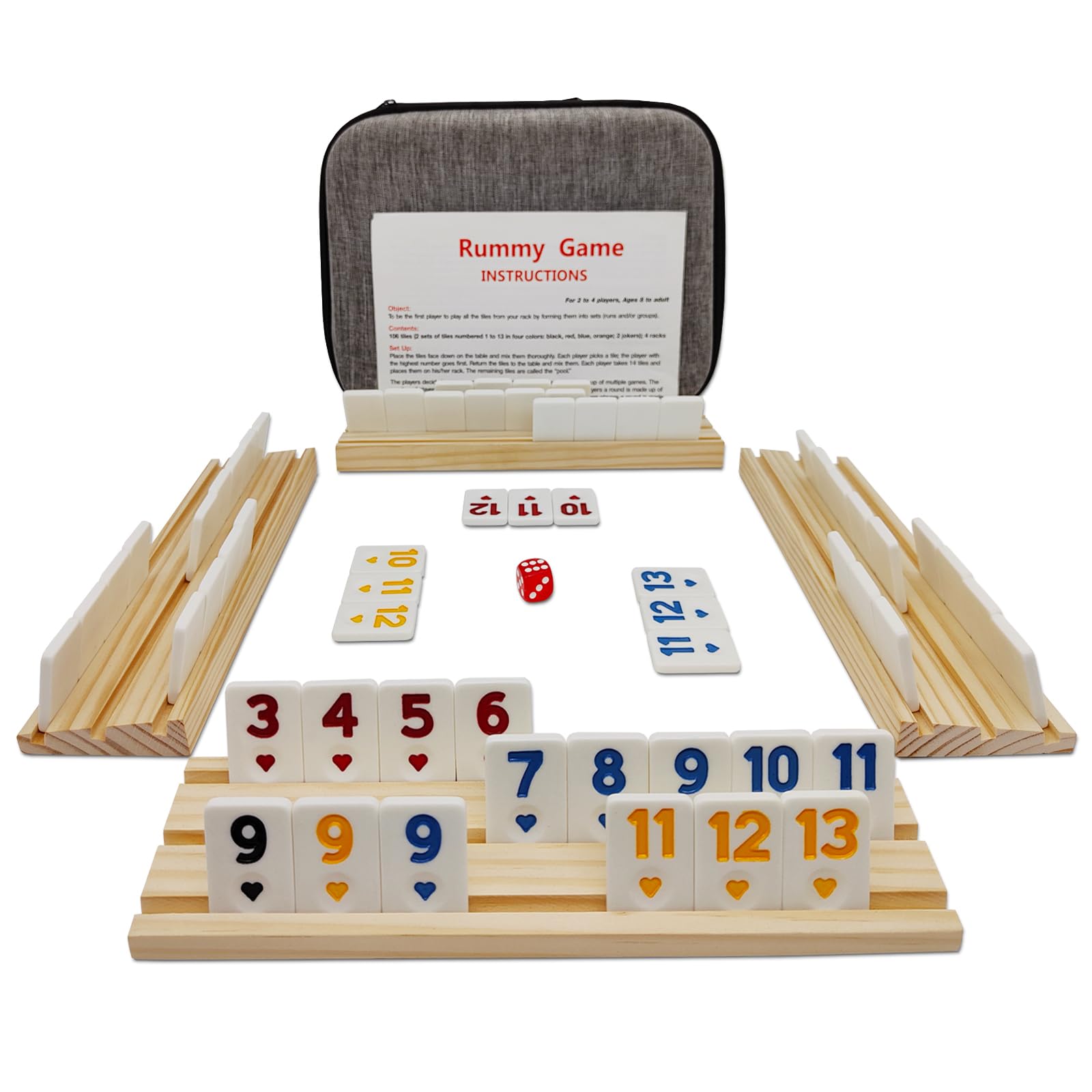 Rummy Cube Game with Case and 4 Wooden Racks/Trays, 106 Rummy Tiles Game Sets Classic Travel Board Game Sets with 4 Tiles Holders for Family - for 4 Players