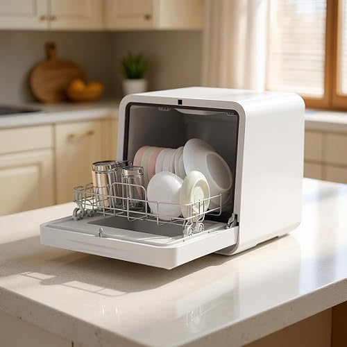 Lavavajillas portátil para encimera, 7 programas de lavado, mini lavavajillas con tanque de agua integrado de 5 L y rociador doble de 360, mini