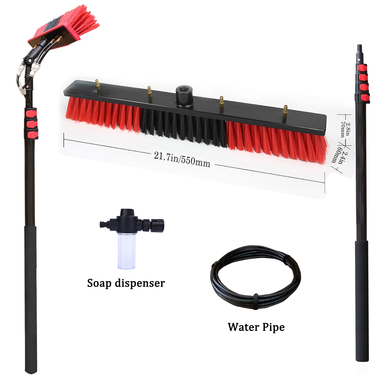 Teles - Barra de limpieza de ventanas de 3,6 a 10,8 m con dispensador de jabón y cepillo de 55 cm, perfecto para paneles solares, conservas y techos de patio