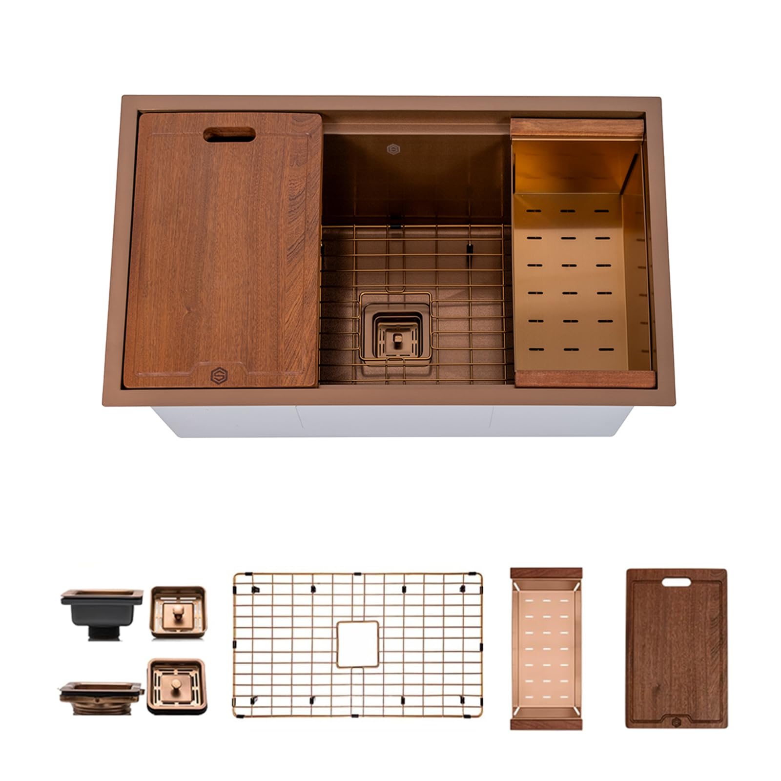 Strictly Sinks Undermount Workstation Kitchen Sink – 32 Inch 16 Gauge Embossed Leather Texture Copper Kitchen Sink with Grid, Wood Cutting Board, Colander,1 Strainer Drain &amp; 1 Garbage Disposal Adapter