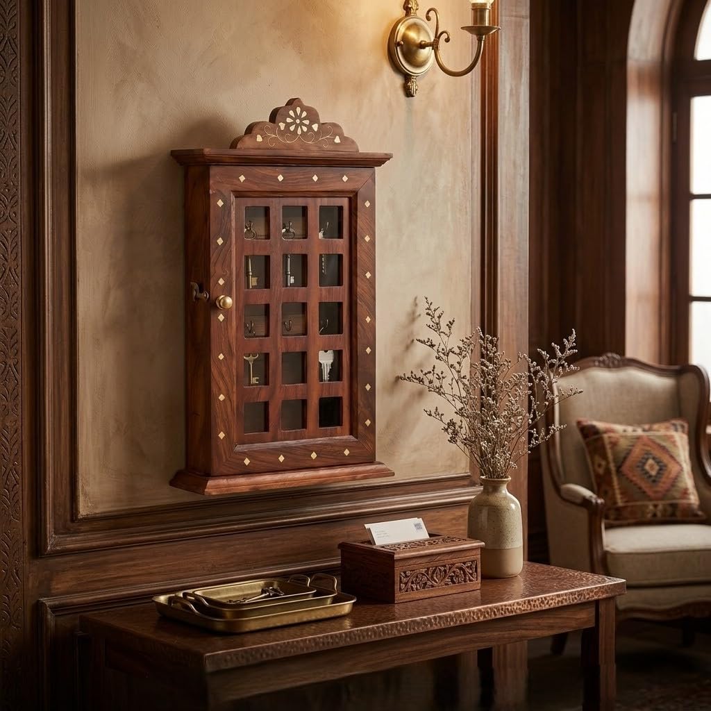 Wooden Key Holder Cabinet with Door, Wall Mounted, Decorative Crown Design, Brown Sheesham Wood, 6 Key Hooks, Traditional Style-picture-19