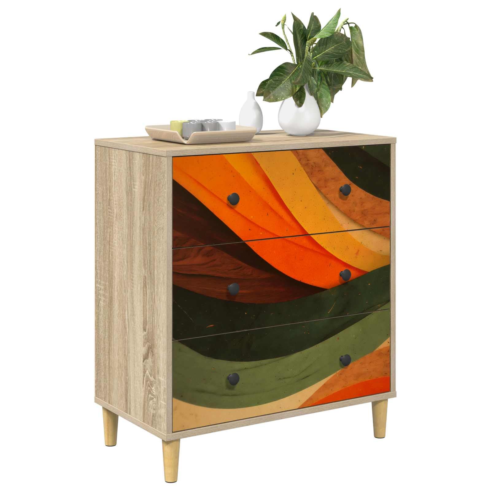 Cajonera con estampado de onda retro de estilo rectangular moderno y acabado sonoma