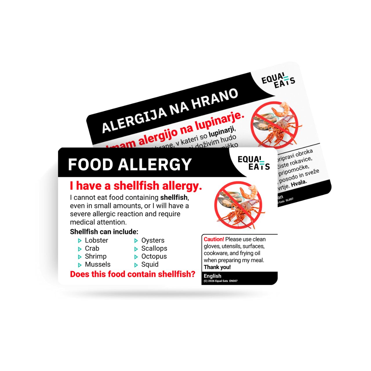 Equal Eats Shellfish Allergy Translation Card, Credit Card Size, English, Food Allergy Alert Card (Slovenian)