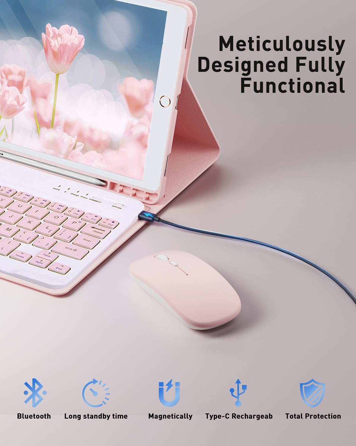 TUNKARMOR Keyboard Case for iPad mini 5 & Mini 4 7.9 inch - with Mouse and Magnetically Keyboard, Case with Pencil Holder for iPad mini 5th / 4th Generation, Auto Sleep/Wake, Pink