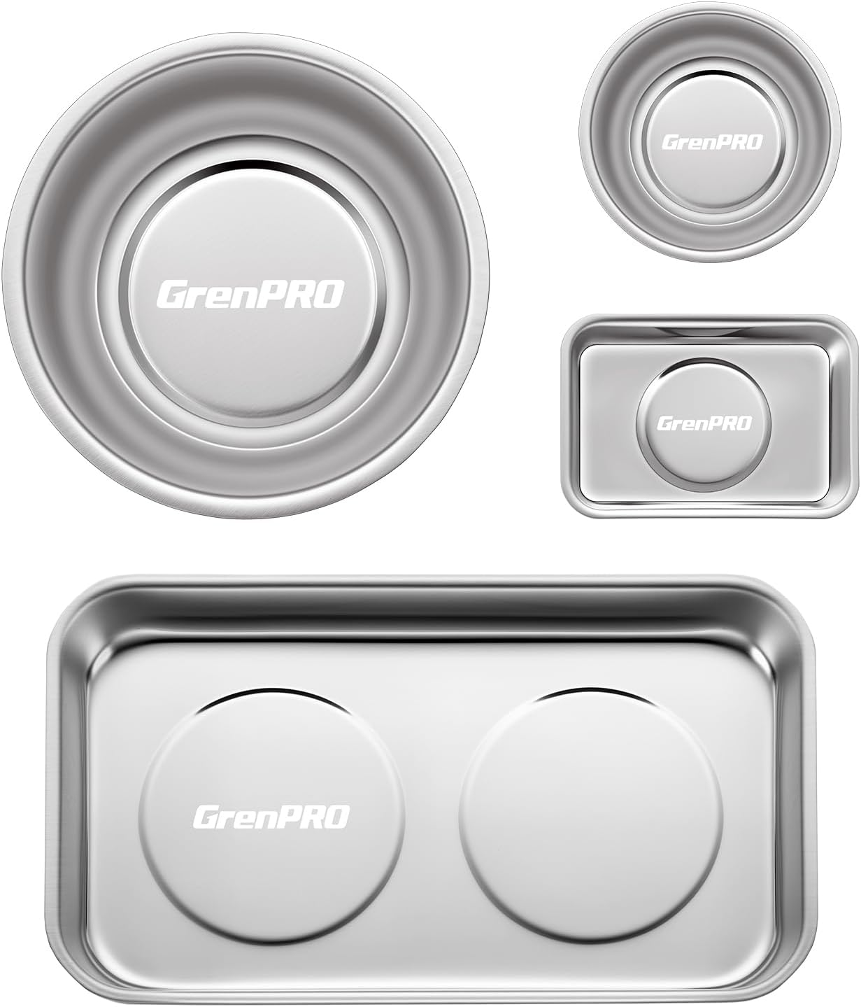 Magnetic Tray 4-Pack | Stainless Steel Magnetic Parts Trays | 3 Inch, 6 Inch, Square & Shallow Tray Set Magnetic Tray 4-Pack | Stainless Steel Magnetic Parts Trays | 3 Inch, 6 Inch, Square & Shallow Tray Set