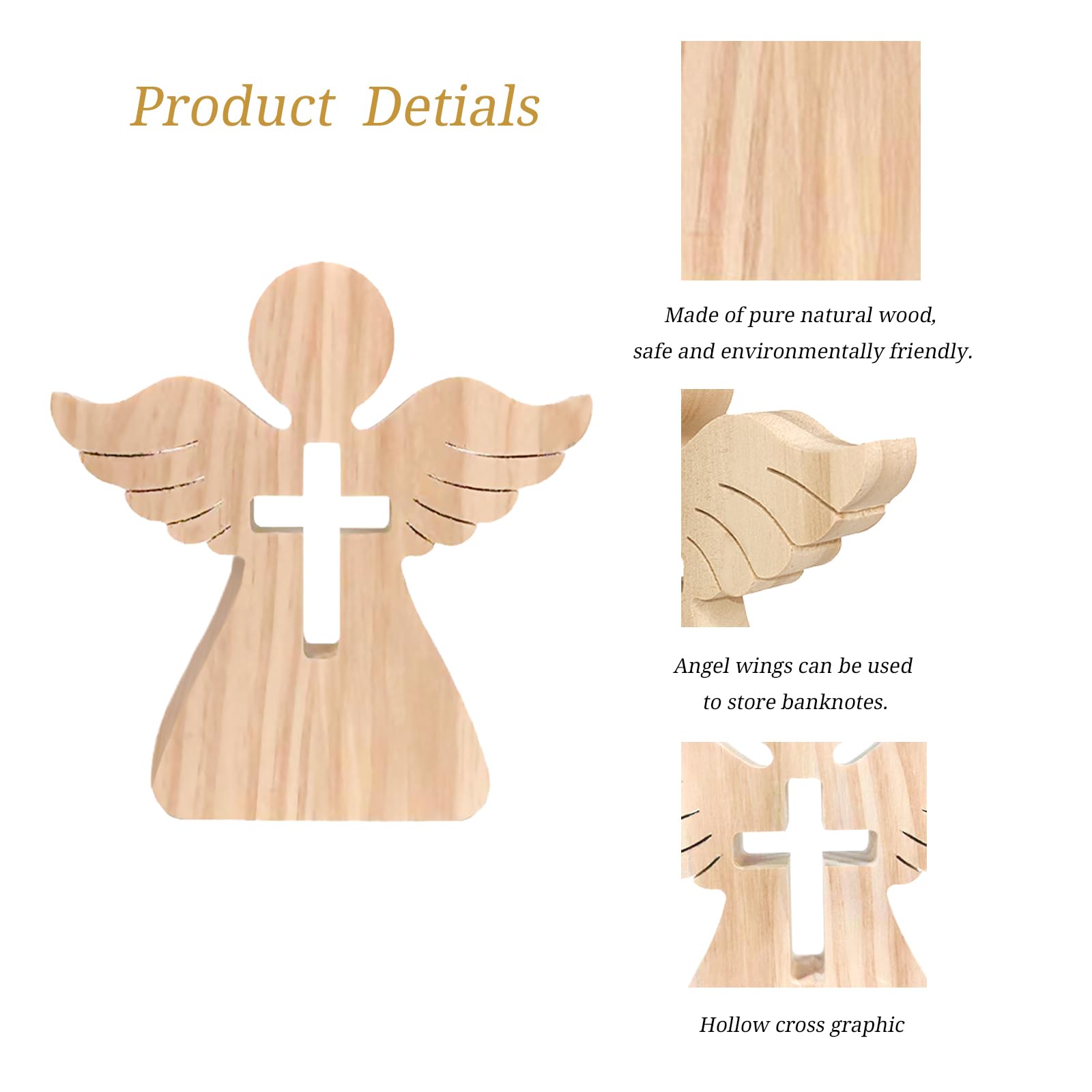 Ange en Bois Croix Gravure Baptême Cadeau Argent Cardien Décoration Fille Garçon Porte-Bonheur