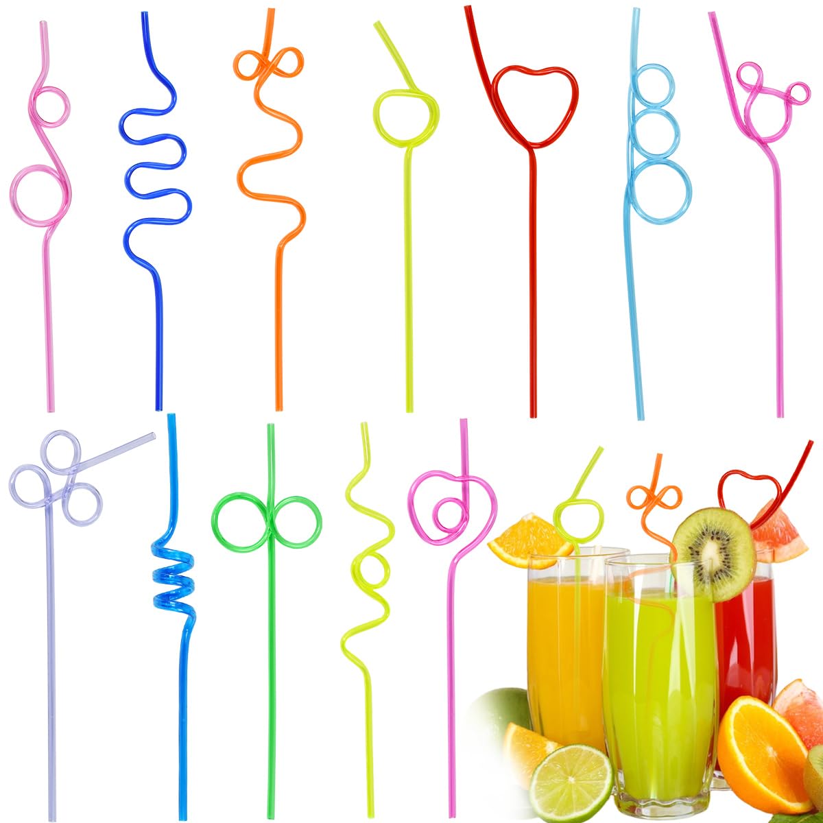 LANSKYLAN 36 PCS Pajitas Rizadas Reutilizables, Pajita de Espiral Reutilizable 26.5 cm de Largo con Formas Divertidas, Pajitas de Colores Vibrantes para Cocktails y Jugos zumos Fiestas y Eventos