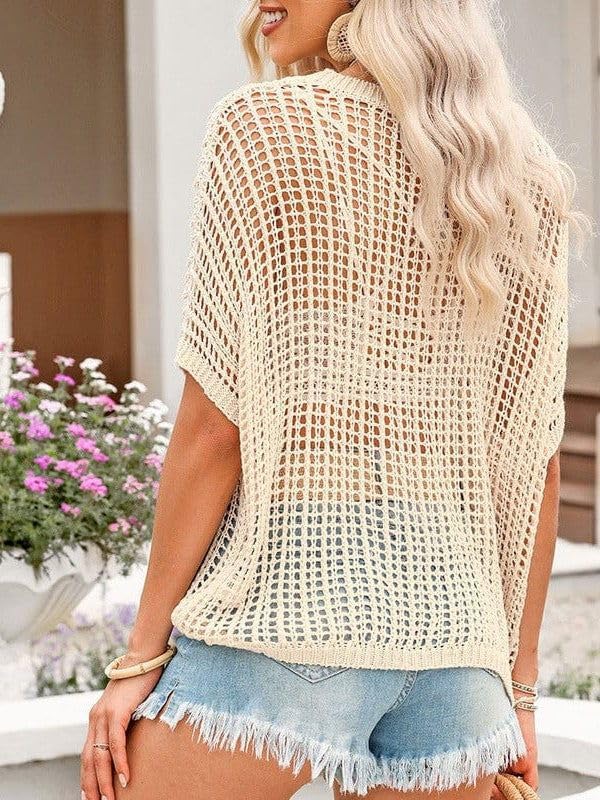 Chvity Women's Summer Crew Neck Short Sleeve Sweater Casual Off Shoulder Tops Hollow Out Crochet Coverups Pullover Knit Tops - Image 7