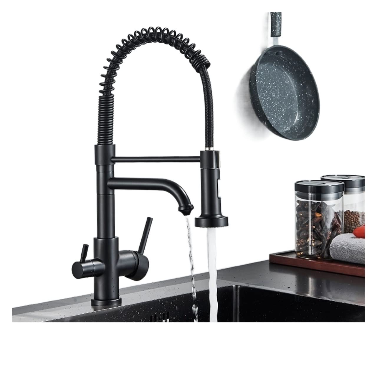 Kitchen Filtered Faucet Water Tap Brass Purifier Dual Sprayer Drinking Vessel Sink Mixer,Precise Control(Type A-Matte Black)