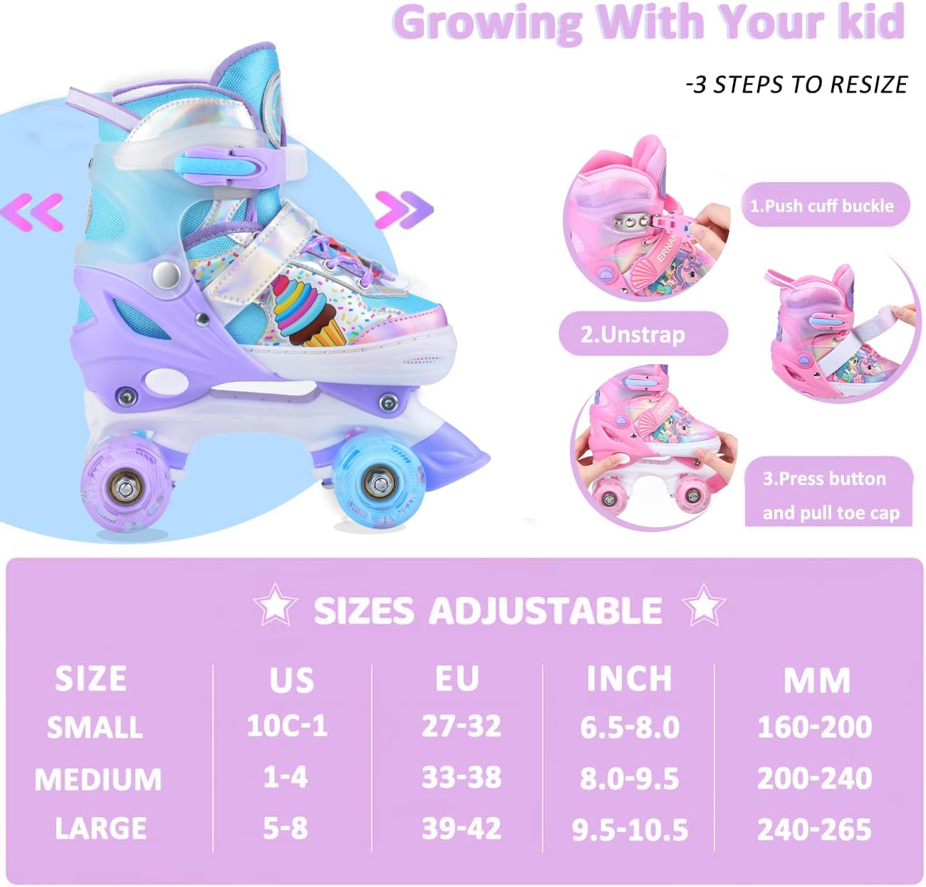 ERNAN Pattini a rotelle per bambini, 8 ruote luminose e 4 misure regolabili. Pattini a rotelle per bambini principianti, adatti per interni ed esterni