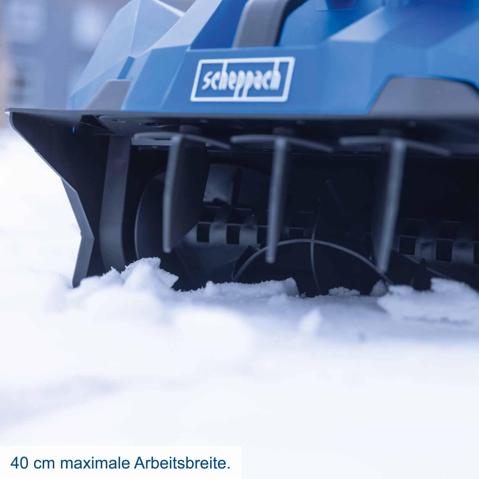 Scheppach Akku Schneefräse BC-SNB410-X Schneeräumer | 40cm Arbeitsbreite | 20cm Schneehöhe | variable Auswurfrichtung | 20V-IXES-Serie | 10 Jahre Garantie | mit 2x4Ah Akku & fastcharge Doppelladegerät